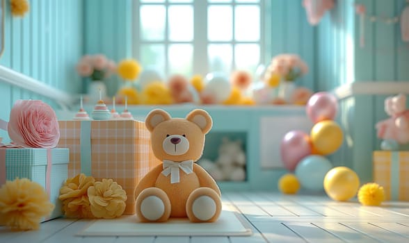 Illustration of a teddy bear with balloons in the room. Selective soft focus.