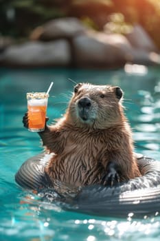 beaver animal is in a pool with a cup in its mouth. The animal is holding the cup and he is enjoying itself