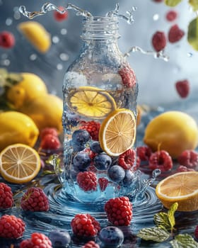 Fresh fruits in a bottle of water. Selective focus.