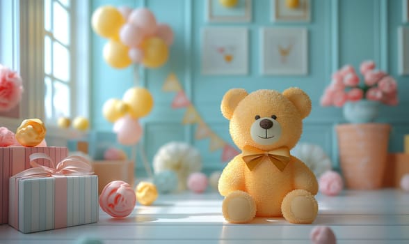 Illustration of a teddy bear with balloons in the room. Selective soft focus.
