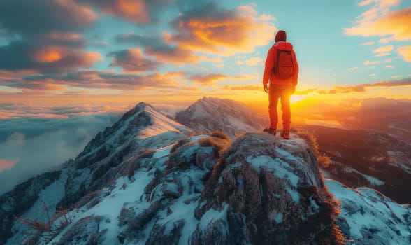 Man Standing on Snow Covered Mountain. Selective focus