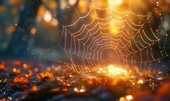 Dew Covered Spider Web Close Up. Selective focus