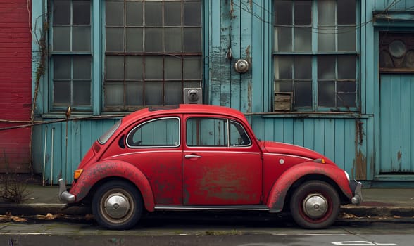 A red car is parked near the building. Selective focus.