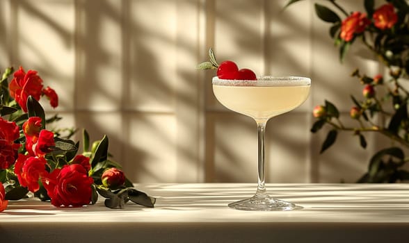 Elegant Cocktail With Roses in Sunshine. Selective soft focus.