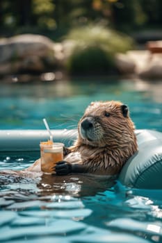 beaver animal is in a pool with a cup in its mouth. The animal is holding the cup and he is enjoying itself