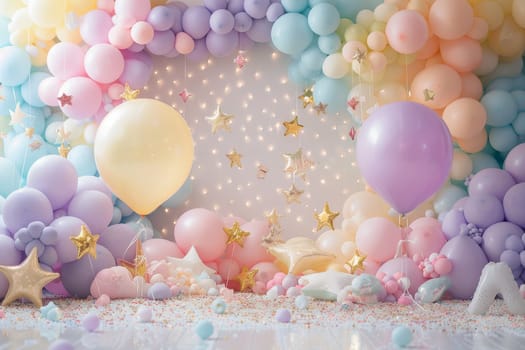 A colorful room with a lot of balloons and stars. The balloons are in different colors and sizes, and the stars are scattered around the room. Scene is cheerful and festive