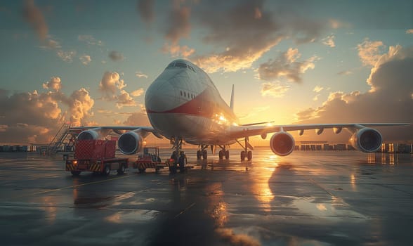 Sunset View of Airplane on Wet Tarmac. Selective focus.