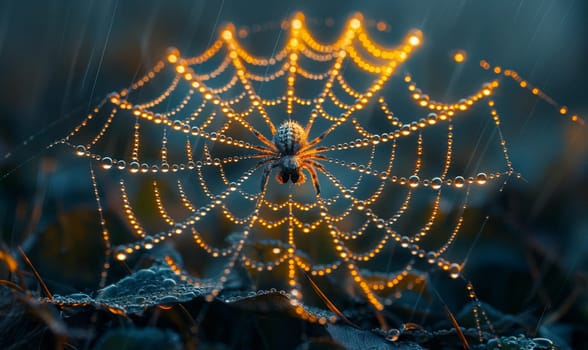 Dew Covered Spider Web Close Up. Selective focus