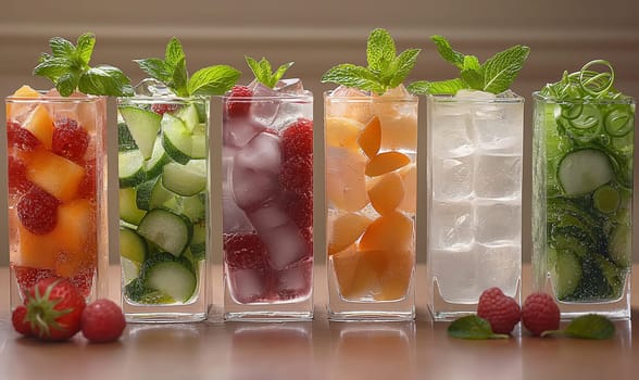 Fruit and vegetable drinks with ice in glasses. Selective focus.