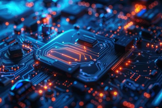 A close up of a circuit board with blue and orange lights. Concept of complexity and sophistication, as the intricate design of the circuit board suggests a high level of technical expertise