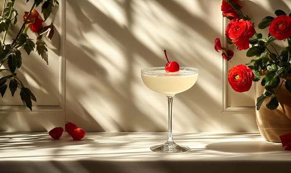 Elegant Cocktail With Roses in Sunshine. Selective soft focus.