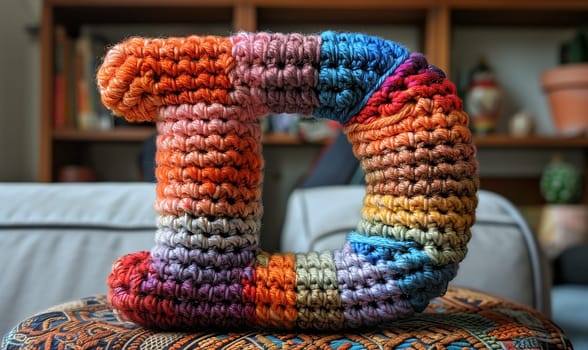 Knitted colored letter D on an abstract background. Selective focus.