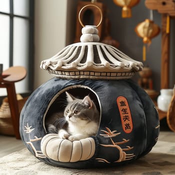 Cute cat in comfortable cat house has an ancient style.
