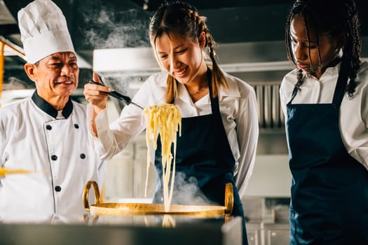 Chef instructs kids cooking noodle in kitchen. Schoolgirls in uniform create ramen soup. Teacher guides smiling students. Modern education seen in making dinner. Foor Education Concept