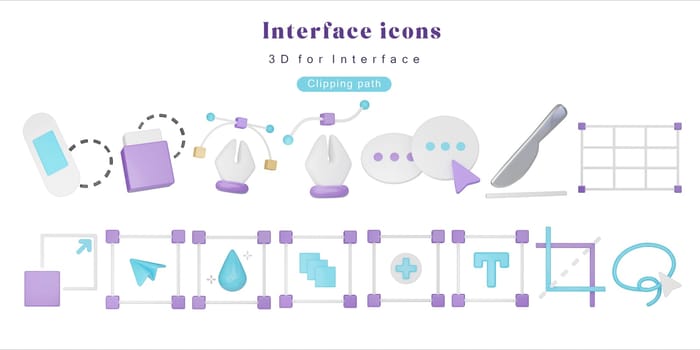 A dynamic set of 3D art design tools and icons for digital interfaces, including paint rollers, soap bottles, and mobile devices, ideal for tech and creative industries..