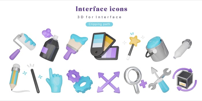 Collection of 3D icons for interface design, including buttons, cursors, and design elements, perfect for digital applications..