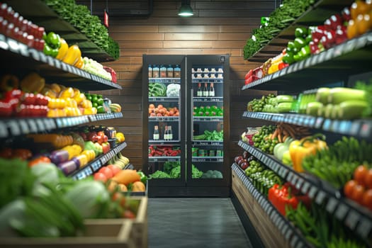 A large store with many shelves and aisles. The store is empty and the lights are on