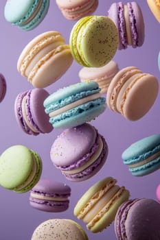 A colorful assortment of macarons are flying through the air, with some of them landing on a blue background. The macarons come in a variety of colors and flavors, including blueberry, raspberry