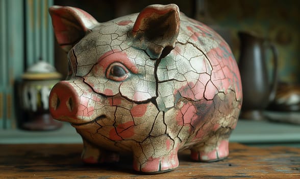 A cracked old piggy bank on the table. Selective soft focus.