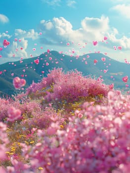 A field of pink flowers with a blue sky in the background. The flowers are scattered all over the field, creating a sense of freedom and joy. The scene is peaceful and serene