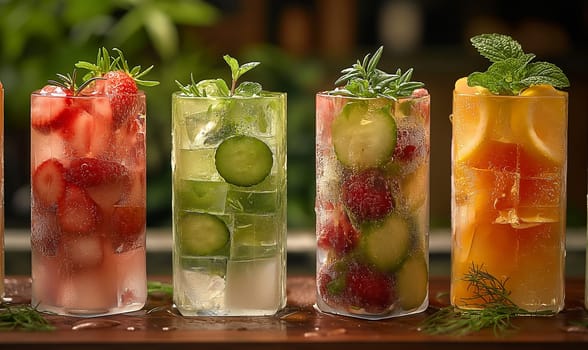 Fruit and vegetable drinks with ice in glasses. Selective focus.