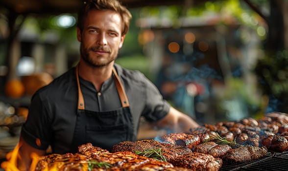 Man Grilling Meat Outdoors. Selective focus.