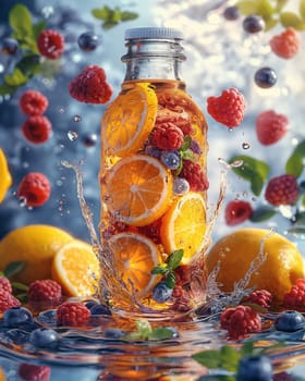 Fresh fruits in a bottle of water. Selective focus