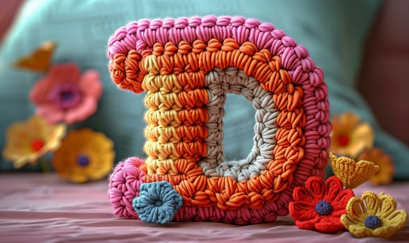 Knitted colored letter D on an abstract background. Selective focus.