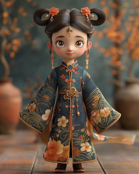 Cartoon, 3D girl in national traditional Asian attire. Selective focus