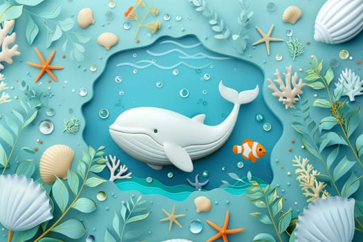 A blue whale is surrounded by a variety of sea creatures and plants. Concept of wonder and curiosity about the ocean and its inhabitants