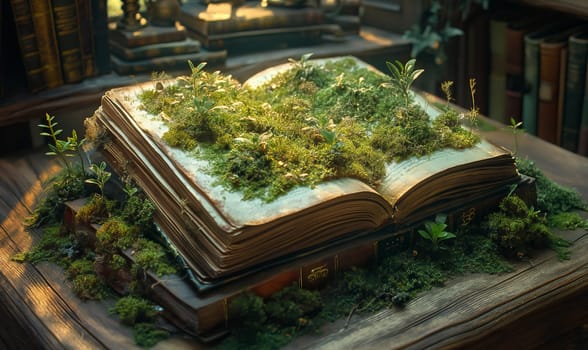 Open Book Overgrown With Moss. Selective focus