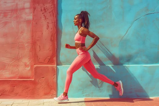 A woman runs in front of a colorful wall. The wall is orange and blue, and the woman is wearing pink and blue clothing. Concept of energy and movement