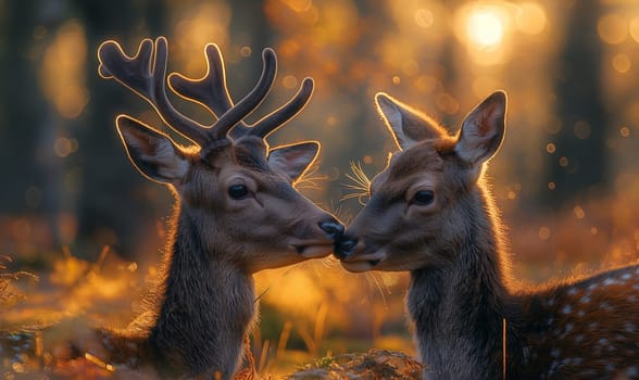 Two Deer Standing Together in Forest. Selective focus