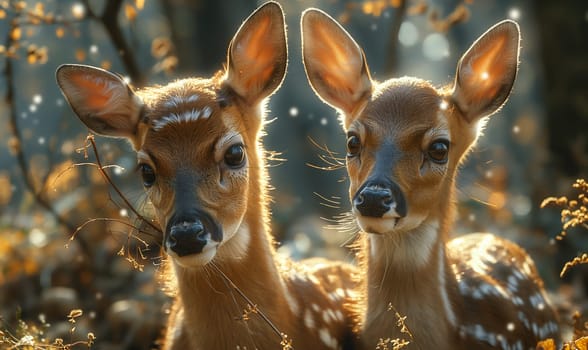 Two Deer Standing Together in Forest. Selective focus