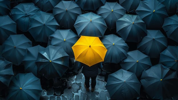 A person stands in front of a row of umbrellas, one of which is yellow. Concept of solitude and isolation, as the person is surrounded by a sea of umbrellas, with no one else in sight