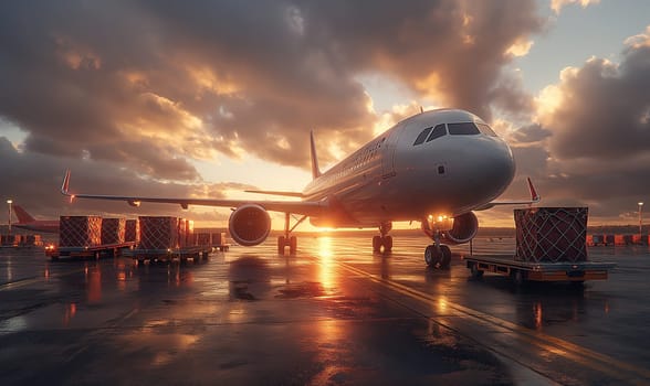 Sunset View of Airplane on Wet Tarmac. Selective focus.