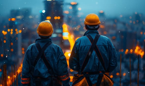 Construction Workers Admiring City in Rain. Selective soft focus.