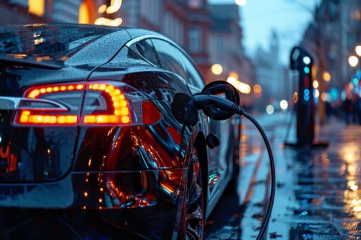 A black car is charging at a charging station. The car is parked on a wet street, and the lights of the car and the street are glowing in the dark. Concept of modern technology