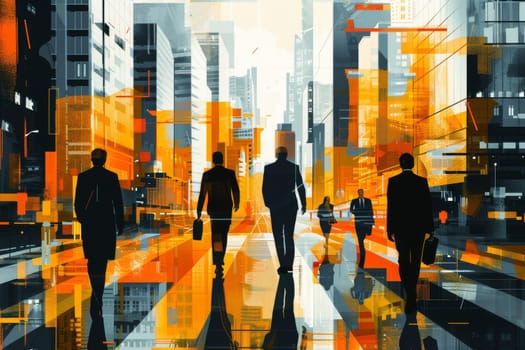 A man in a suit is walking down a city street with other men in suits. The image is a representation of the business world and the idea of professionalism and success. Scene is serious and focused