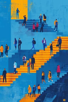 A painting of a group of people walking up a set of stairs. The painting is a mix of blue and yellow colors. The people are walking up the stairs, and some of them are carrying handbags