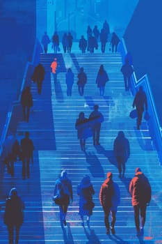 A painting of a group of people walking up a set of stairs. The painting is a mix of blue and yellow colors. The people are walking up the stairs, and some of them are carrying handbags