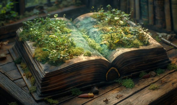 Open Book Overgrown With Moss. Selective focus
