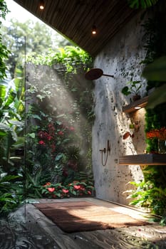A building with a walkin shower featuring plants and flowers creating a natural and serene landscape inside the house
