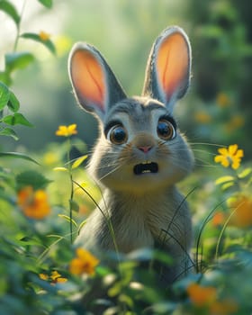 Cartoon Rabbit Sitting in Forest. Selective focus