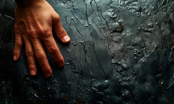 Persons Hand Touching Black Wall. Selective soft focus.