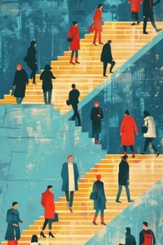 A painting of a group of people walking up a set of stairs. The painting is a mix of blue and yellow colors. The people are walking up the stairs, and some of them are carrying handbags