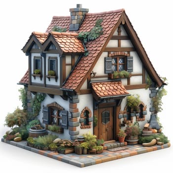 Detailed 3D model of a house with a complex wooden frame. Selective soft focus.