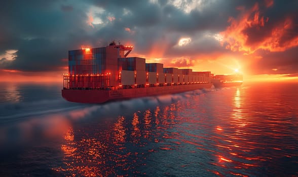 Cargo Ship Sailing in Ocean at Sunset. Selective focus