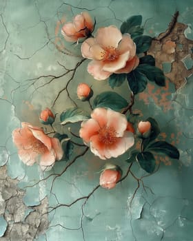 Vintage painting depicting large flowers with delicate leaves. Selective soft focus.