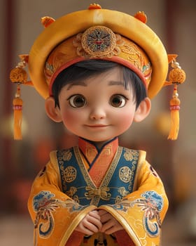 Cartoon, 3D boy in national traditional Asian attire. Selective focus.